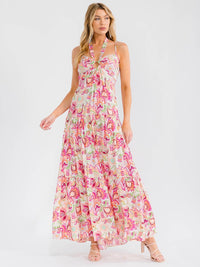 WOMEN'S SLEEVELESS OPEN BACK SMOCK TIERED FLORAL MAXI DRESS