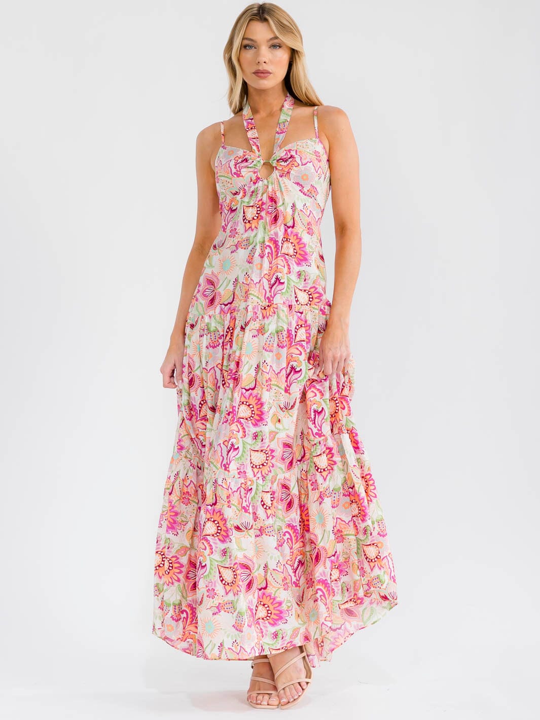 WOMEN'S SLEEVELESS OPEN BACK SMOCK TIERED FLORAL MAXI DRESS