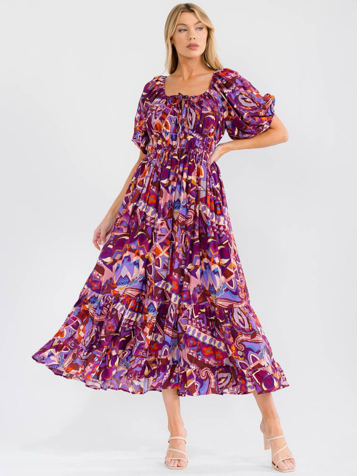 WOMEN'S SHORT PUFF SLEEVE SQUARE NECK ELASTIC WAIST MULTI PRINT MAXI DRESS