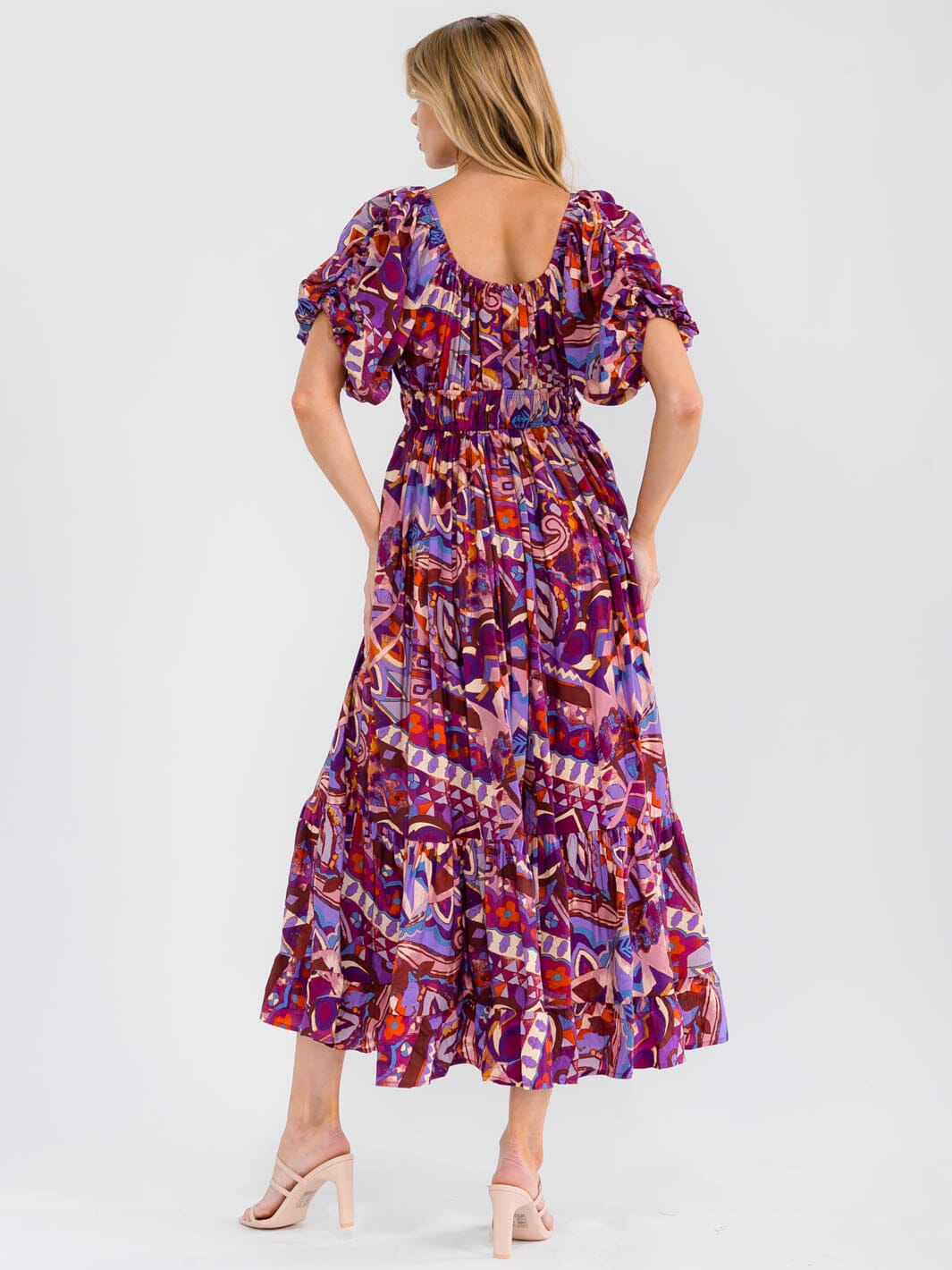 WOMEN'S SHORT PUFF SLEEVE SQUARE NECK ELASTIC WAIST MULTI PRINT MAXI DRESS