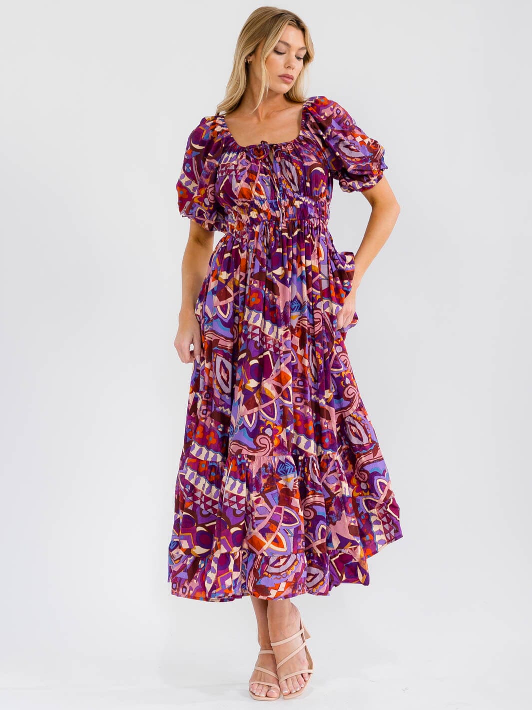 WOMEN'S SHORT PUFF SLEEVE SQUARE NECK ELASTIC WAIST MULTI PRINT MAXI DRESS