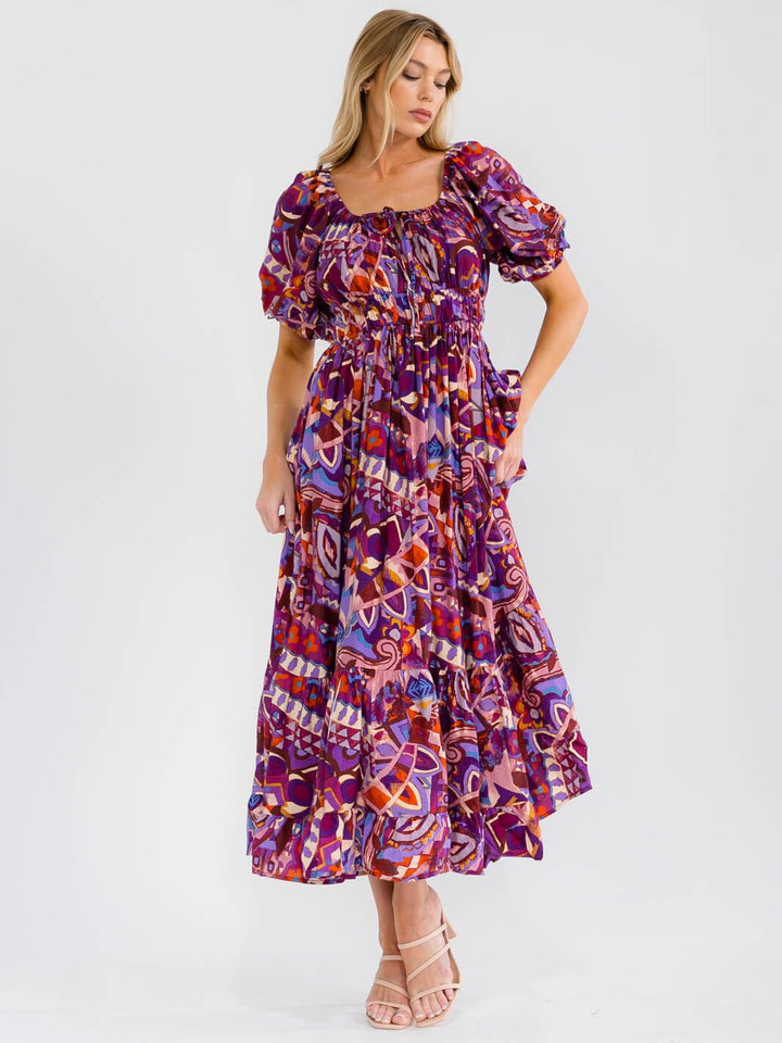 WOMEN'S SHORT PUFF SLEEVE SQUARE NECK ELASTIC WAIST MULTI PRINT MAXI DRESS