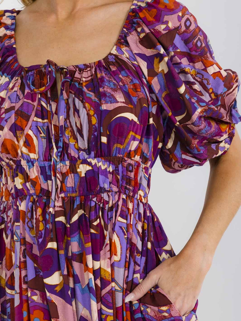 WOMEN'S SHORT PUFF SLEEVE SQUARE NECK ELASTIC WAIST MULTI PRINT MAXI DRESS