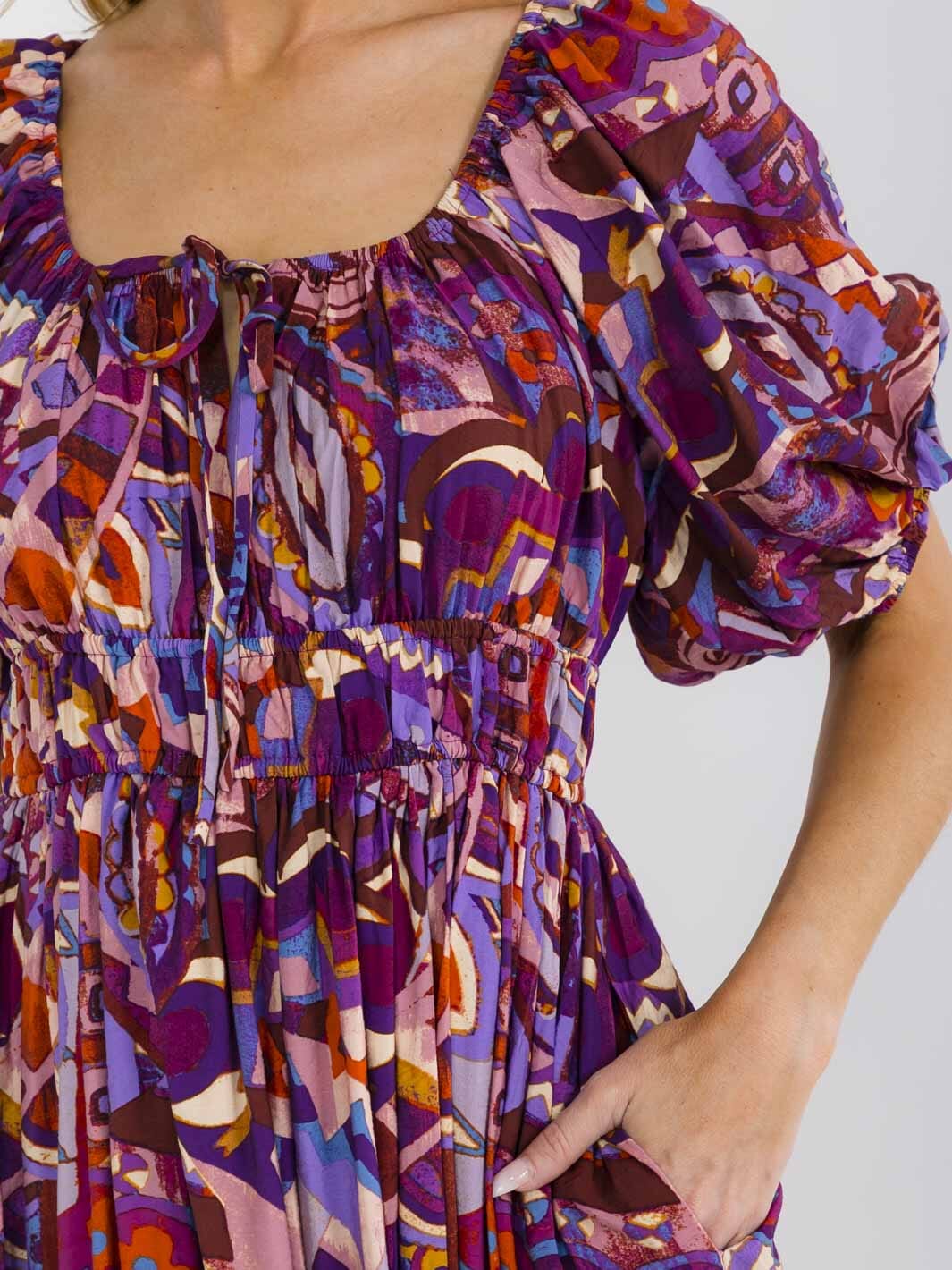 WOMEN'S SHORT PUFF SLEEVE SQUARE NECK ELASTIC WAIST MULTI PRINT MAXI DRESS