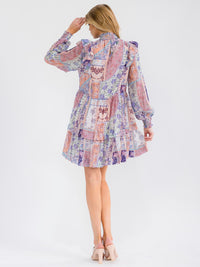 WOMEN'S LONG SLEEVE SMOCK NECK FRONT POCKETS MULTI PRINT MINI DRESS