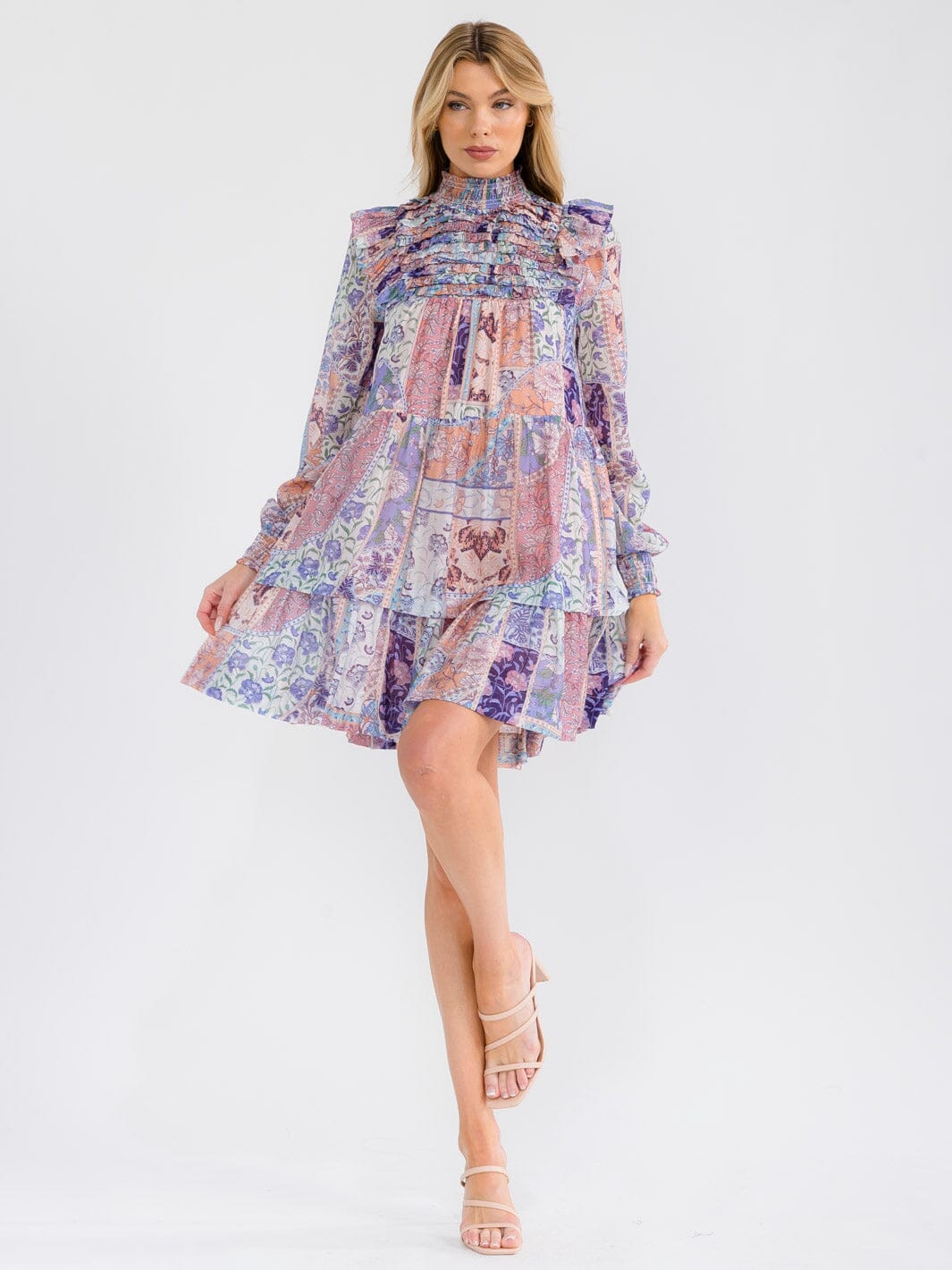 WOMEN'S LONG SLEEVE SMOCK NECK FRONT POCKETS MULTI PRINT MINI DRESS