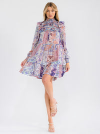WOMEN'S LONG SLEEVE SMOCK NECK FRONT POCKETS MULTI PRINT MINI DRESS
