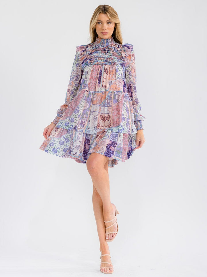 WOMEN'S LONG SLEEVE SMOCK NECK FRONT POCKETS MULTI PRINT MINI DRESS