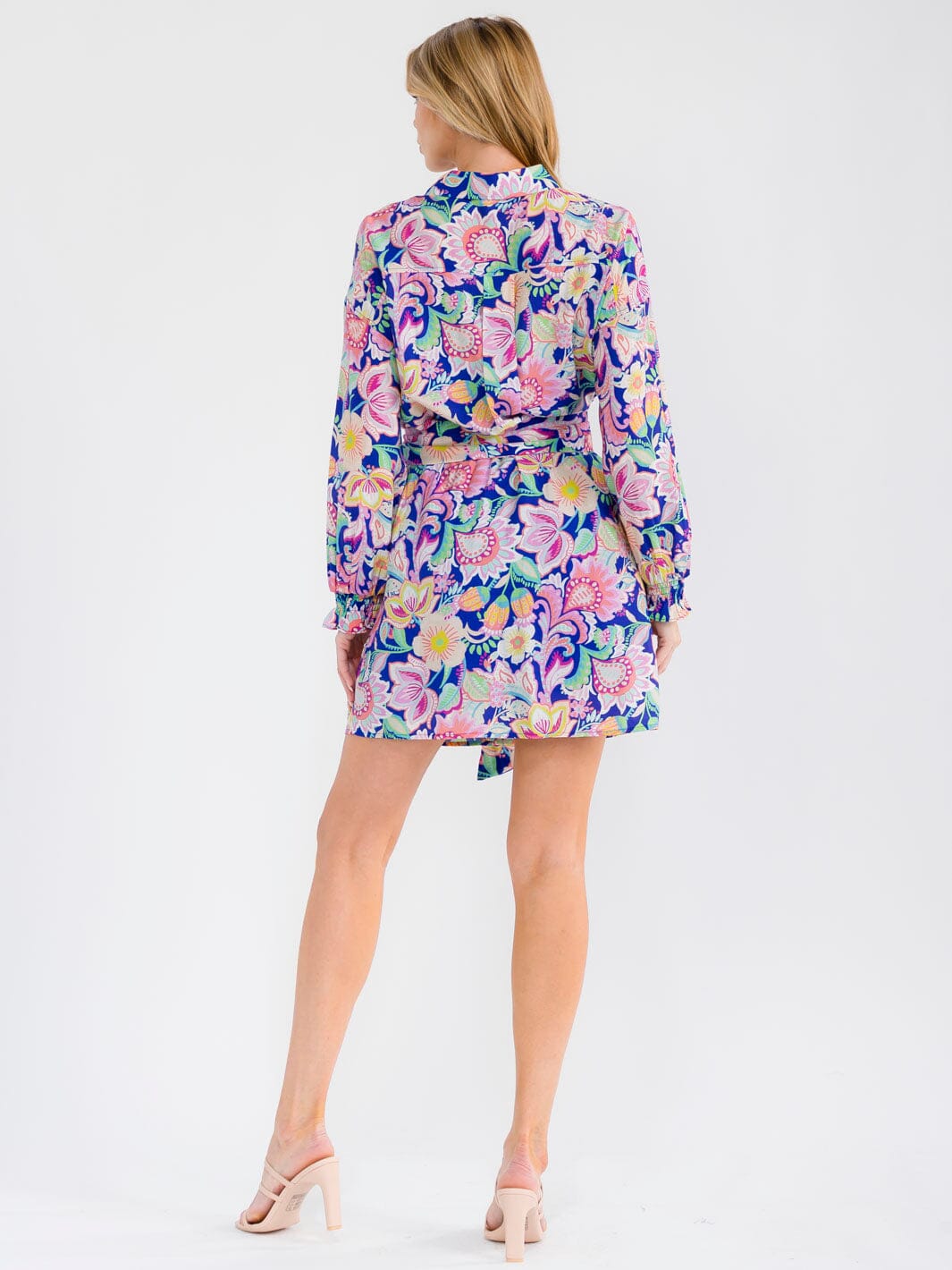 WOMEN'S LONG SLEEVE BUTTON UP BELTED FLORAL PRINT MINI DRESS