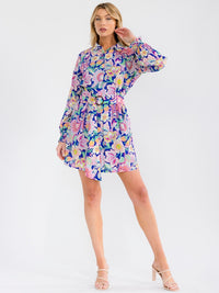 WOMEN'S LONG SLEEVE BUTTON UP BELTED FLORAL PRINT MINI DRESS