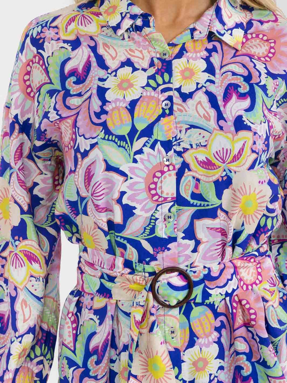 WOMEN'S LONG SLEEVE BUTTON UP BELTED FLORAL PRINT MINI DRESS