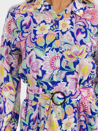 WOMEN'S LONG SLEEVE BUTTON UP BELTED FLORAL PRINT MINI DRESS