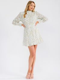 WOMEN'S LONG SLEEVE BUTTON UP MOCK NECK ELASTIC WAIST EYELET FLORAL MINI DRESS