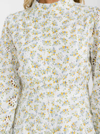 WOMEN'S LONG SLEEVE BUTTON UP MOCK NECK ELASTIC WAIST EYELET FLORAL MINI DRESS