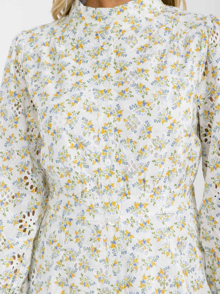 WOMEN'S LONG SLEEVE BUTTON UP MOCK NECK ELASTIC WAIST EYELET FLORAL MINI DRESS