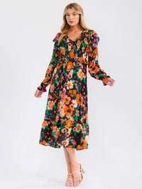 WOMEN'S LONG SLEEVE V-NECK SMOCK FLORAL PRINT RUFFLE MAXI DRESS