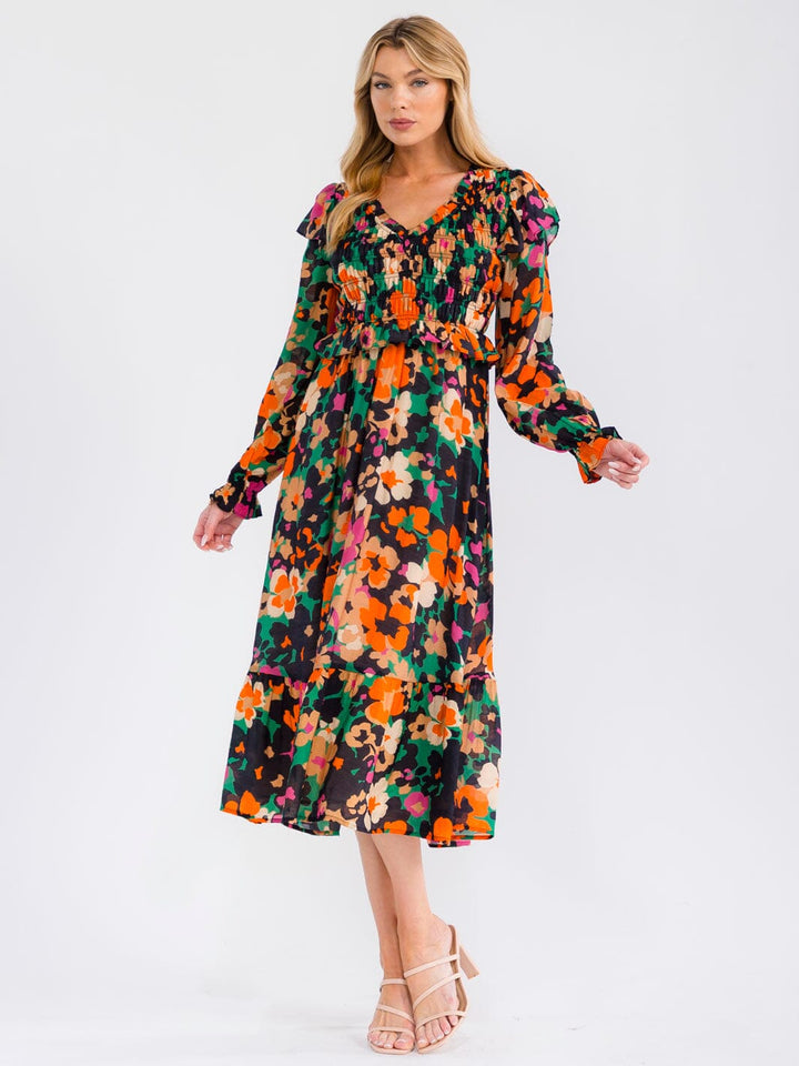 WOMEN'S LONG SLEEVE V-NECK SMOCK FLORAL PRINT RUFFLE MAXI DRESS