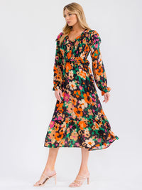 WOMEN'S LONG SLEEVE V-NECK SMOCK FLORAL PRINT RUFFLE MAXI DRESS