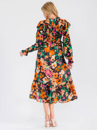 WOMEN'S LONG SLEEVE V-NECK SMOCK FLORAL PRINT RUFFLE MAXI DRESS