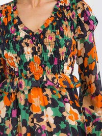 WOMEN'S LONG SLEEVE V-NECK SMOCK FLORAL PRINT RUFFLE MAXI DRESS