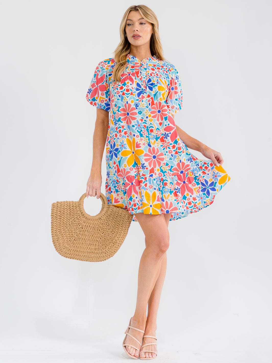 WOMEN'S SHORT PUFF SLEEVE BUTTON UP FRONT POCKETS FLORAL MINI DRESS