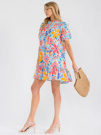 WOMEN'S SHORT PUFF SLEEVE BUTTON UP FRONT POCKETS FLORAL MINI DRESS