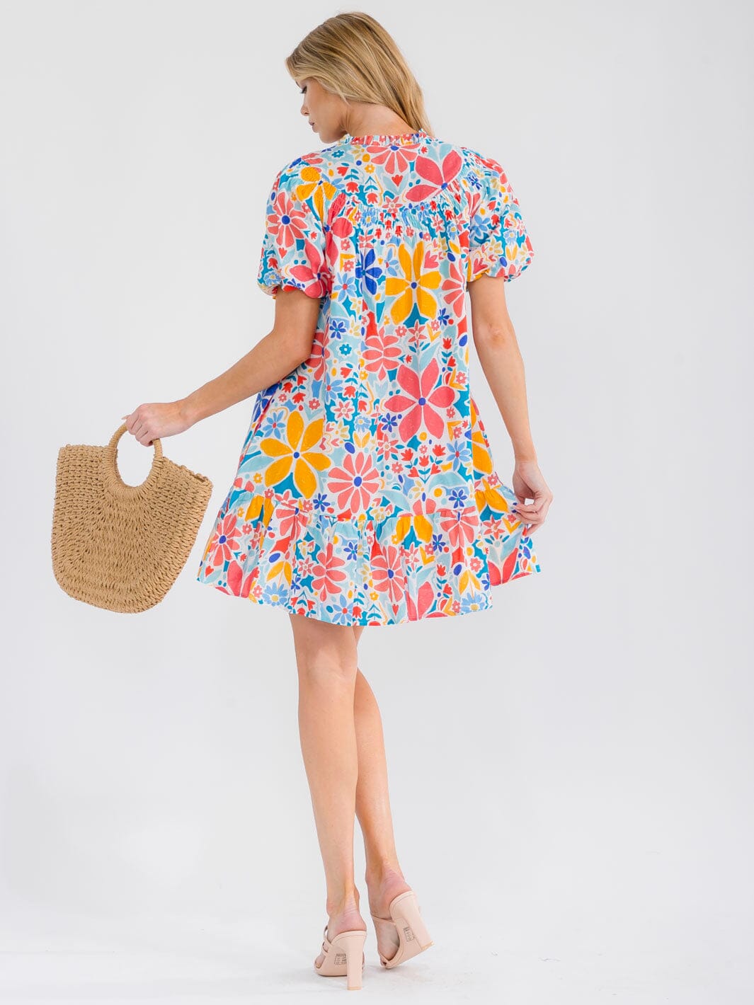 WOMEN'S SHORT PUFF SLEEVE BUTTON UP FRONT POCKETS FLORAL MINI DRESS