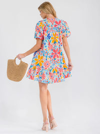 WOMEN'S SHORT PUFF SLEEVE BUTTON UP FRONT POCKETS FLORAL MINI DRESS