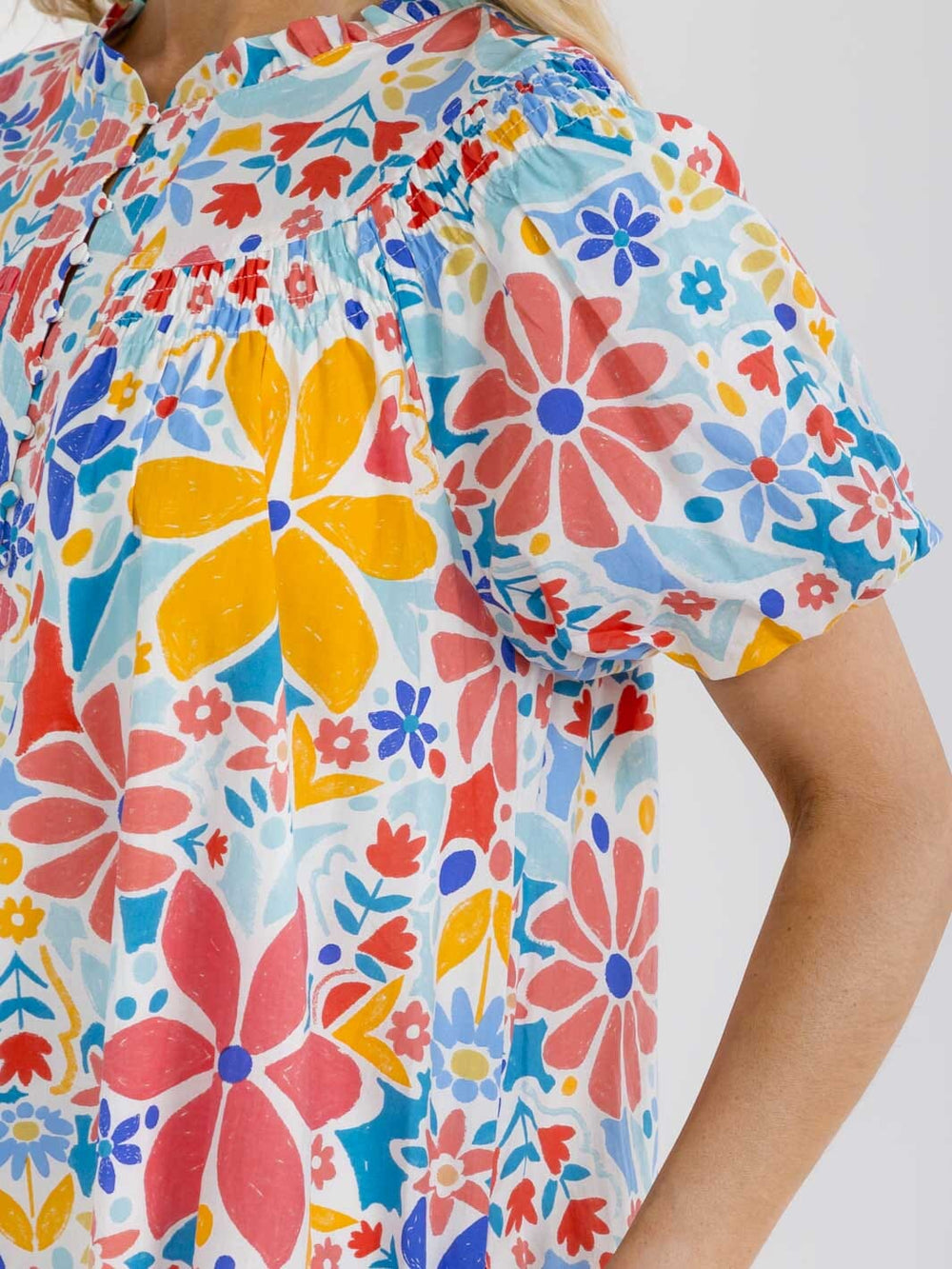 WOMEN'S SHORT PUFF SLEEVE BUTTON UP FRONT POCKETS FLORAL MINI DRESS