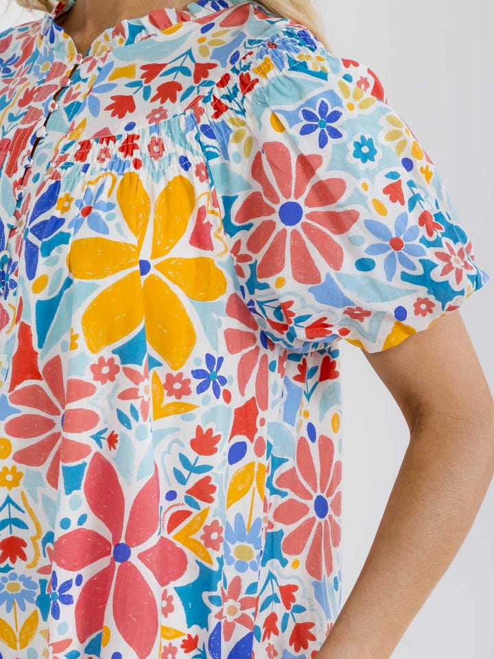 WOMEN'S SHORT PUFF SLEEVE BUTTON UP FRONT POCKETS FLORAL MINI DRESS