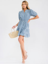 WOMEN'S SHORT SLEEVE V-NECK ELASTIC WAIST TIERED DENIM MINI DRESS