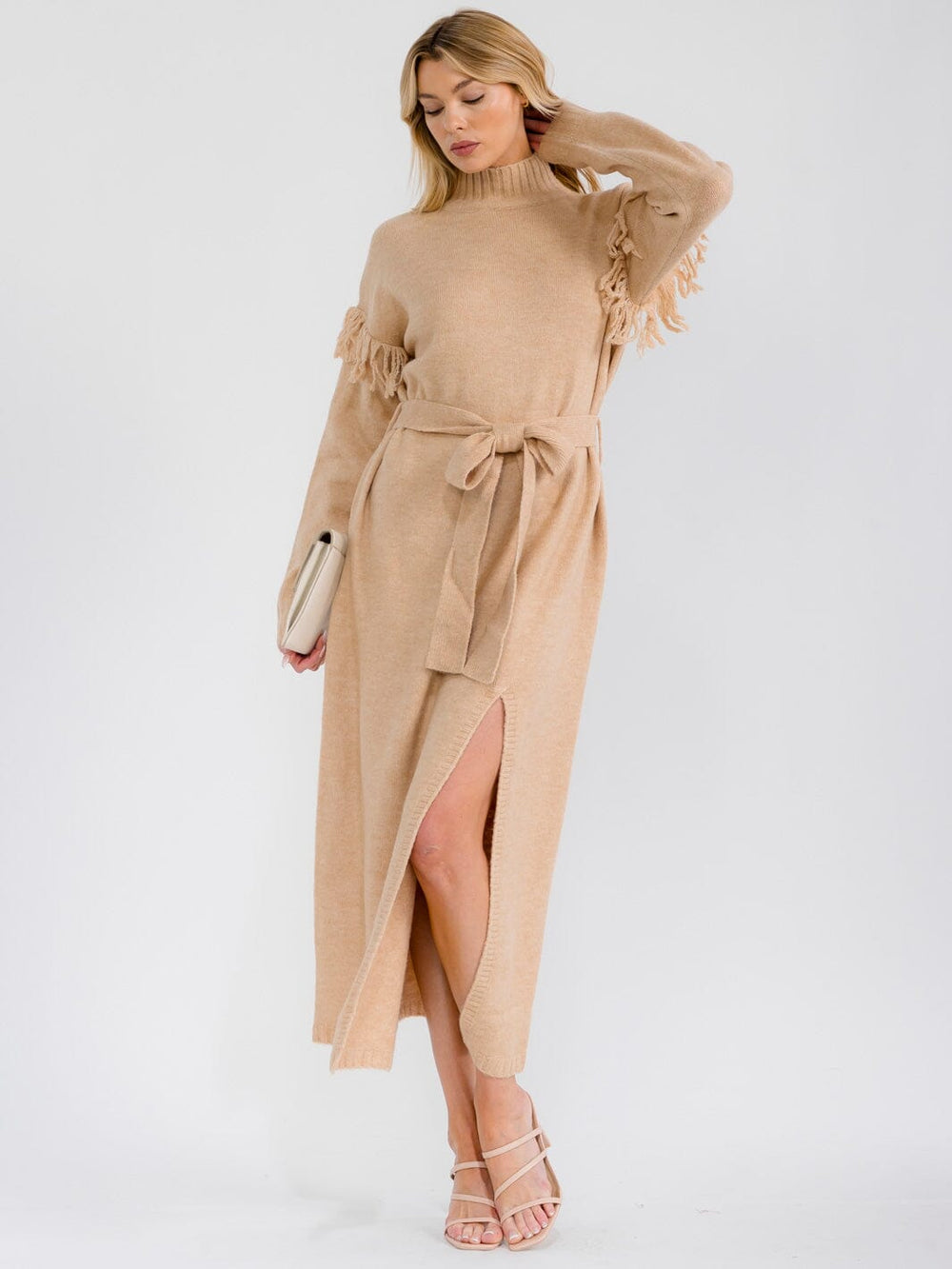 WOMEN'S LONG SLEEVE MOCK NECK SELF TIE FRONT SLIT SWEATER MAXI DRESS