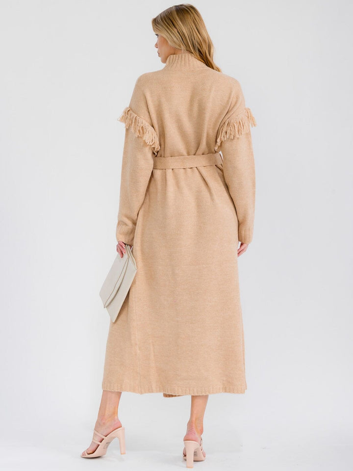 WOMEN'S LONG SLEEVE MOCK NECK SELF TIE FRONT SLIT SWEATER MAXI DRESS