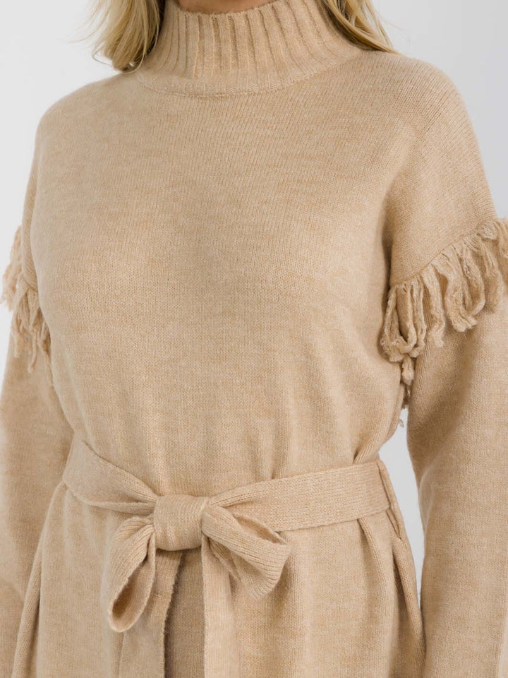 WOMEN'S LONG SLEEVE MOCK NECK SELF TIE FRONT SLIT SWEATER MAXI DRESS