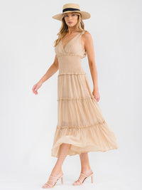 WOMEN'S SLEEVELESS SURPLICE NECK SMOCK TIERED MAXI DRESS