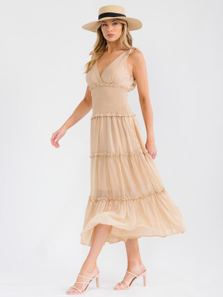 WOMEN'S SLEEVELESS SURPLICE NECK SMOCK TIERED MAXI DRESS