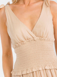 WOMEN'S SLEEVELESS SURPLICE NECK SMOCK TIERED MAXI DRESS