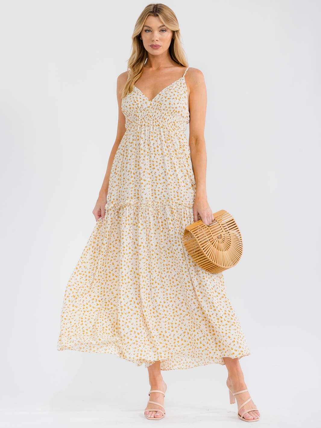 WOMEN'S SLEEVELESS V-NECK SMOCK TIERED FLORAL MAXI DRESS