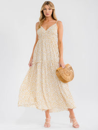 WOMEN'S SLEEVELESS V-NECK SMOCK TIERED FLORAL MAXI DRESS