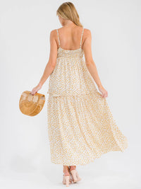 WOMEN'S SLEEVELESS V-NECK SMOCK TIERED FLORAL MAXI DRESS