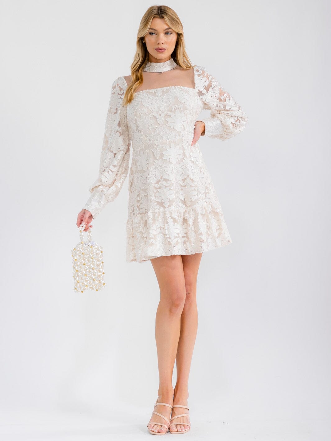 WOMEN'S LONG SLEEVE MOCK NECK LACE MESH MINI DRESS