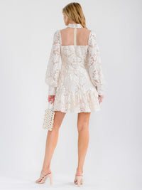 WOMEN'S LONG SLEEVE MOCK NECK LACE MESH MINI DRESS