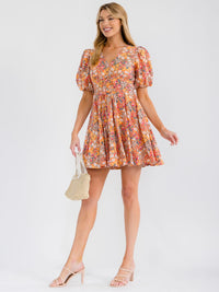 WOMEN'S SHORT PUFF SLEEVE V-NECK FLORAL MINI DRESS
