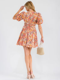 WOMEN'S SHORT PUFF SLEEVE V-NECK FLORAL MINI DRESS