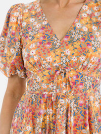 WOMEN'S SHORT PUFF SLEEVE V-NECK FLORAL MINI DRESS