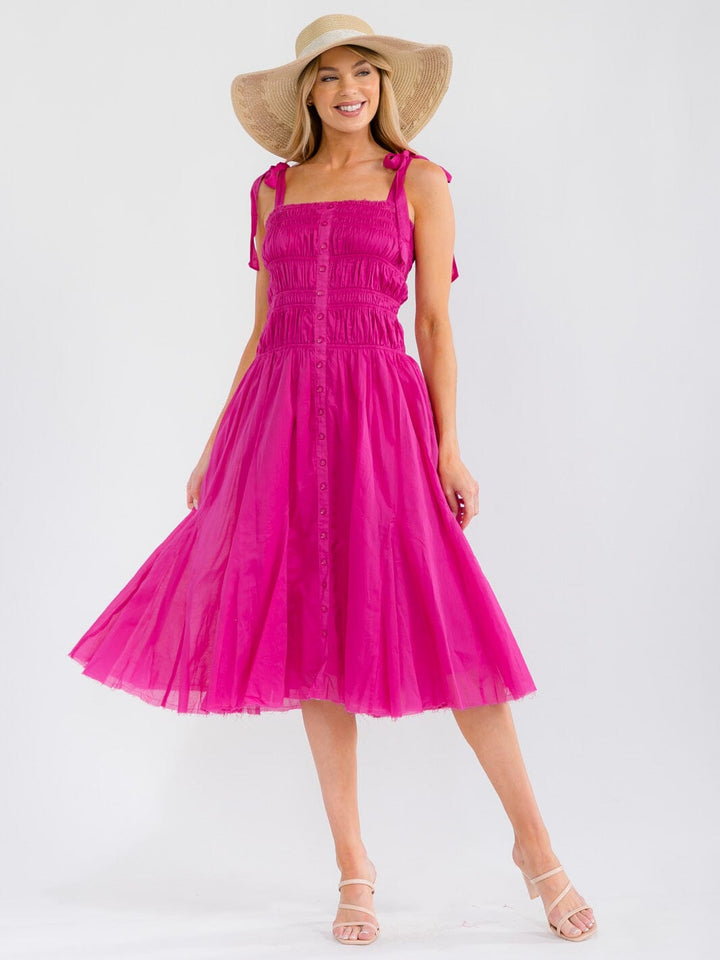 WOMEN'S SLEEVELESS ADJUSTABLE STRAPS SMOCK TIERED MIDI DRESS