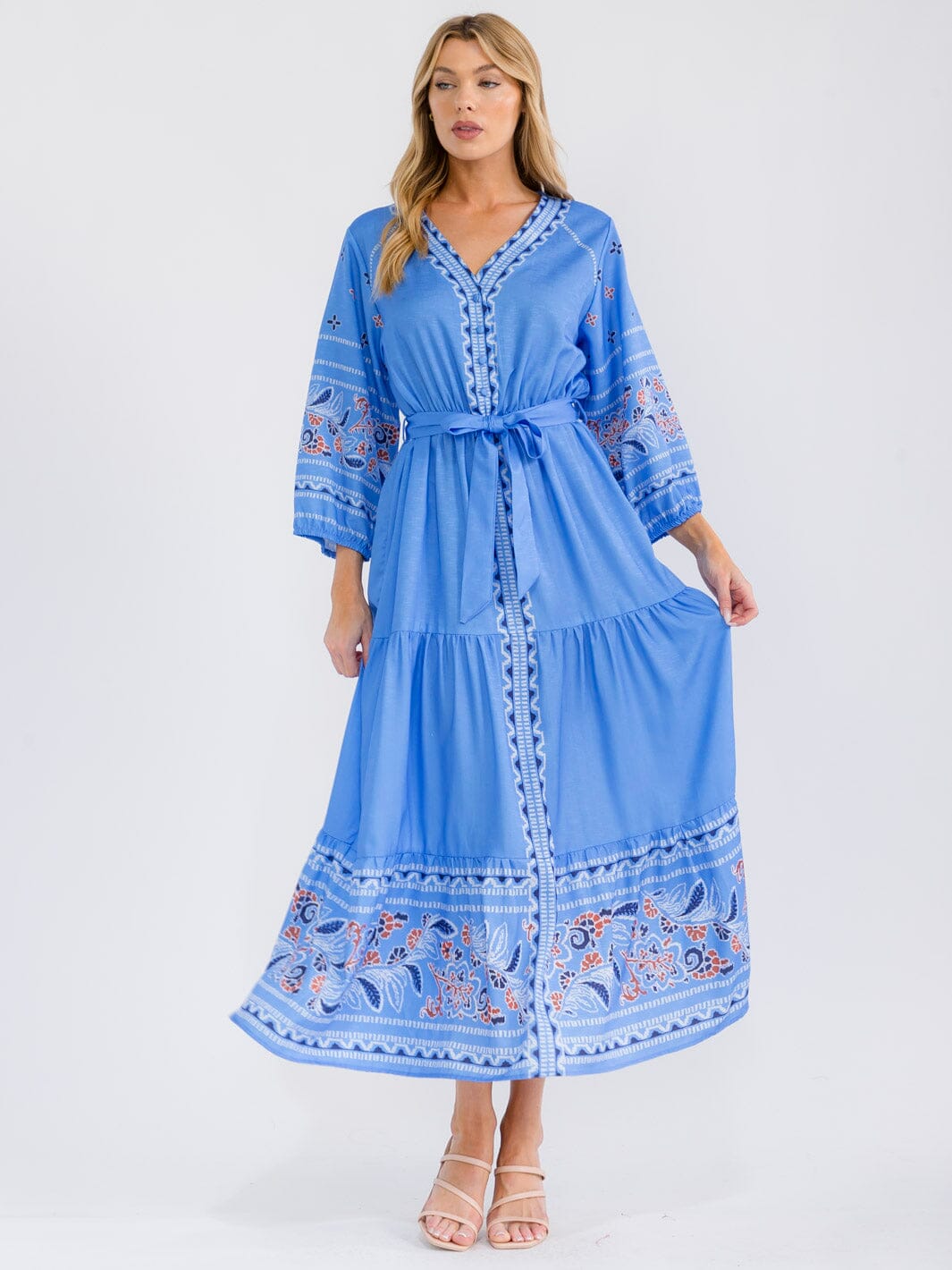 WOMEN'S 3/4 SLEEVES BUTTON UP SELF TIE TIERED MULTI PRINT MAXI DRESS