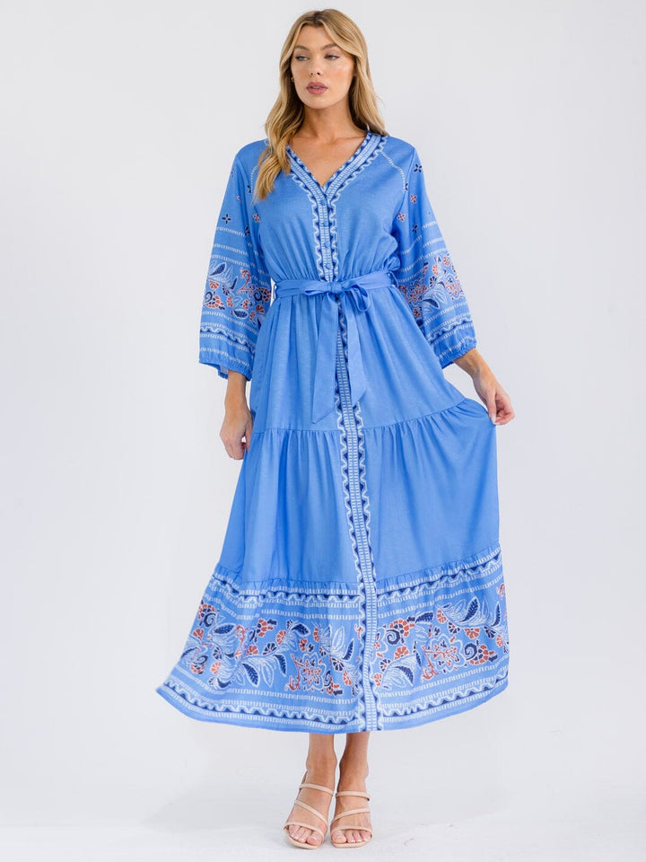 WOMEN'S 3/4 SLEEVES BUTTON UP SELF TIE TIERED MULTI PRINT MAXI DRESS