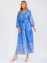 WOMEN'S 3/4 SLEEVES BUTTON UP SELF TIE TIERED MULTI PRINT MAXI DRESS