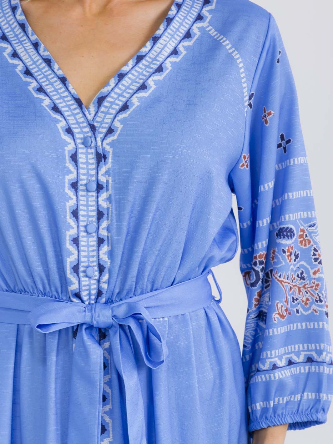 WOMEN'S 3/4 SLEEVES BUTTON UP SELF TIE TIERED MULTI PRINT MAXI DRESS